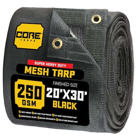 Core Tarps Mesh Tarp, 20X30 ft, Black, Polyethylene CT-801-20X30